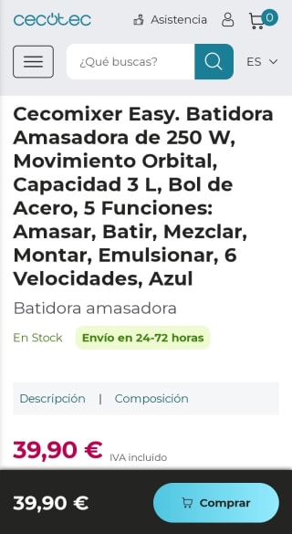 Cecotec Batidora Amasadora por 39,90€.