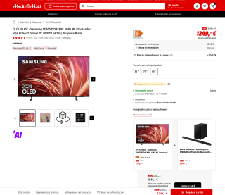 TV OLED 65" Samsung TQ65S85DAEXXC UHD 4K Procesador NQ4 AI Gen2 Smart TV DVB-T2 (H.265) Graphite Black por solo 1.249€