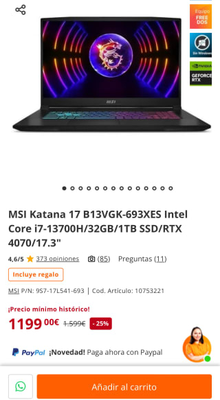 MSI Katana 17 B13VGK-693XES Intel Core i7-13700H/32GB/1TB SSD/RTX 4070/17.3" por 1.199€