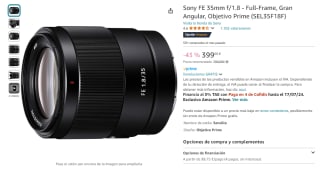 Sony FE 35mm f/1.8 Full-Frame, Gran Angular, Objetivo Prime por 399€
