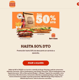 Hasta 50% descuento en servicio a domicilio en Burger King