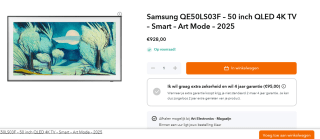 Samsung The Frame LS03FA 50" Wit, Zwart voor €928 bij Artelectronics