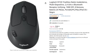 Logitech M720 Triathlon Ratón Inalámbrico, Multi-Dispositivo por 33,99€