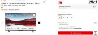 Televisor QLED 43" - Xiaomi A PRO 2025 43, QLED 4K, Smart TV (Google TV), Dolby Audio, Control por voz por 255.2€