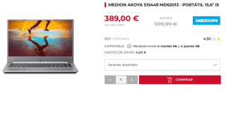 Ordenador Portatil Medion Akoya S15449 MD62011 Intel Core i5-1135G7/8GB/256GB SSD/15.6" por 389€