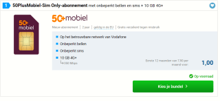 50PlusMobiel-Sim Only-abonnement met onbeperkt bellen en sms + 10 GB 4G+ voor €1 p.m.