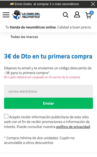 -3€ por suscribirnos a la Newsletter de La Casa del Neumático.