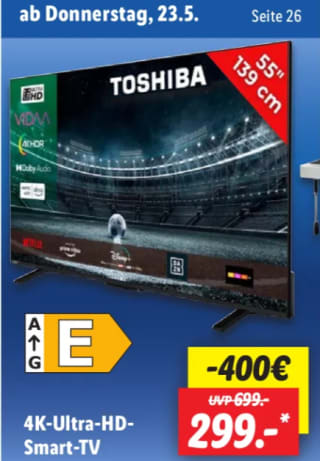 Toshiba 4K-Ultra-HD-Smart-TV voor €299 bij de Lidl in Duitsland