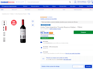 Vinho Tinto Argentino da Trivento Reserve Malbec de 750ml - R$ 29,66