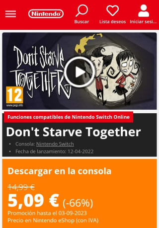 Don't Starve Together Nintendo Switch por 5,09€.