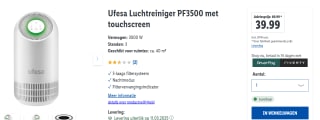Ufesa Luchtreiniger PF3500 met touchscreen voor €39,99 bij de Lidl
