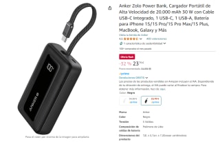 Anker Zolo Power Bank Alta Velocidad de 20.000 mAh 30 W con Cable USB-C Integrado por 22,60€