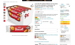 Galletas Lotus Biscoff Rellenas de Chocolate Sin Aromas Artificiales ni Colorantes 15 Galletas por Pack 9 x 150g (1,35kg) por 9,79€