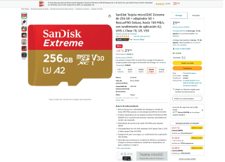 SanDisk Tarjeta microSDXC Extreme 256GB por 21,99€