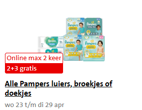 2 + 3 gratis op alle Pampers luiers, broekjes of doekjes bij de Jumbo