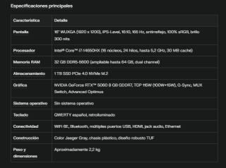 Portátil gaming ASUS TUF Gaming FX608JMR-RV003, 16 " WUXGA, Intel Core i7-14650HX, 32GB RAM, 1TB SSD, GeForce RTX 5060 por 1.299€