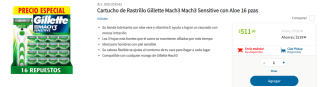Pack 16 Cartuchos de Rastrillo Gillette Mach3 Sensitive por $511.50 en Sam's Club