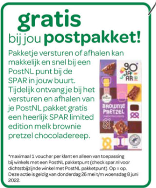 Gratis Brownie Pretzel Melkchocoladereep t.w.v. € 2,85 bij het afhalen en/of verzenden van een pakketje bij de Spar