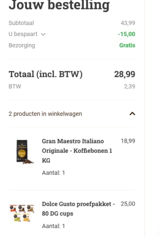 Code voor €15 korting op je bestelling bij Koffievoordeel