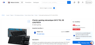 Clavier gaming mécanique G413 TKL SE LOGITECH à 48,99€