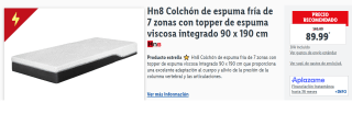 Colchón de espuma fría de 7 zonas con topper de espuma viscosa integrado 90 x 190 cm por 89.99€