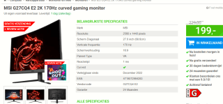 MSI G27CQ4 E2 - QHD Curved Gaming Monitor - 170Hz - 27 Inch voor €199 bij Megekko