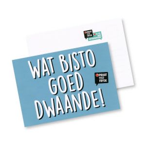 Gratis 'Praat mar frysk' Buttons, Kaarten met Stickers, Opblaaslippen en Posters