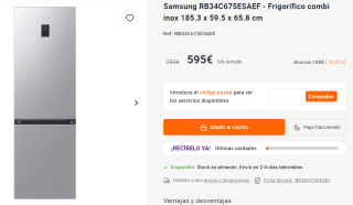 Frigorífico combi inox 185.3 x 59.5 x 65.8 cm Samsung RB34C675ESAEF por 595€