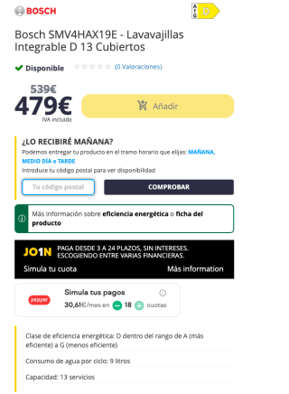 Lavavajillas Bosch SMV4HAX19E Integrable D 13 Cubiertos por solo 479€