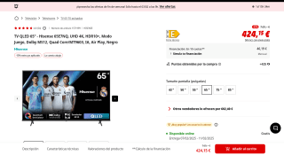 TV QLED 65 Hisense 65E7NQ por 424,15€