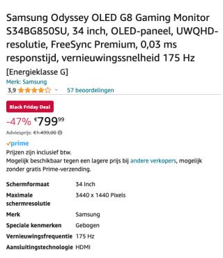 Samsung Odyssey OLED G8 Gaming Monitor S34BG850SU, 34 inch voor 799 euro