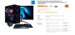 NitroPC Pack Platinum Plus AMD Ryzen 9 7900X/32GB/2TB + 1TB SSD/RTX 3060 + Monitor 27" FullHD 165Hz por 1898.99€