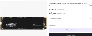 SSD Crucial P3 500GB M.2 3D NAND NVMe PCIe SATA 3 por 28.16€