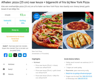 Pizza (25 cm) naar keuze + bijgerecht of fris bij New York Pizza voor €6,99 via Social Deal