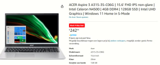 Acer Aspire 3 A315-35-C06G 15,6" Laptop voor €242,99 bij Amazon