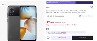 Xiaomi Poco M4 5G NFC 64GB por 97€ (87€ nuevo usuario)