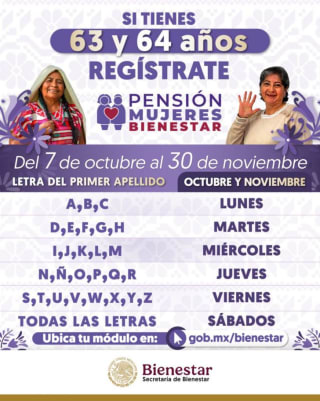 Pensión Mujeres de 60 y 64 Años $3,000 Bimestrales (Registro: 7 de octubre)