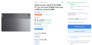 Tablet Lenovo Tab P11 TB-J606L 11" a $4,499 en Mercado Libre