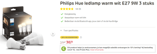 3 Phillips Hue LED lampen warm wit E27 voor €30,39 bij Praxis