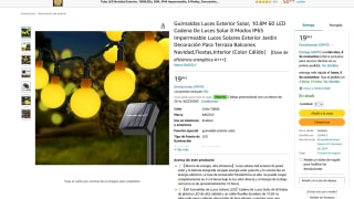 Guirnaldas Luces Exterior solar 10.8M 60 LED 8 Modos IP65 Impermeable por 9,99€