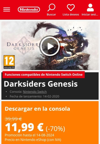 Dark Siders Genesis Nintendo Switch por 11,99€.
