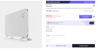 Cecotec Ready Warm 6650 Crystal Connection - Radiador Eléctrico Bajo Consumo con Wifi, 1000 W, Termostato Regulable, Temporizador, Soporte de pie, Protección sobrecalentamiento por 48.78€