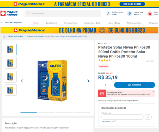 Protetor Solar da Nivea Ph de Fator 30 de 200ml + outro de 100ml - R$ 35,19