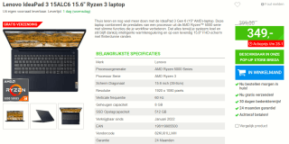 LENOVO IdeaPad 3 15ALC6 - 15.6 inch - AMD Ryzen 3 - 8 GB - 512 GB voor €349 bij Megekko