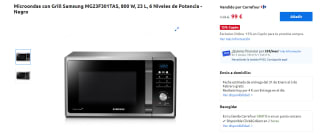 Microondas con Grill Samsung MG23F301TAS, 800 W, 23 L, 6 Niveles de Potencia por 99€ + cupón de 14,85€
