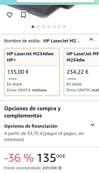 HP LaserJet M234dwe 6GW99E Impresora Láser A4 por 135€.