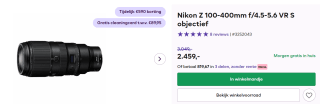Nikon Z 100-400mm f/4.5-5.6 VR S objectief voor €2459 bij Cameranu