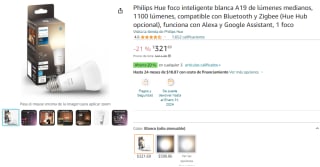 Philips Hue Foco Smart Blanco A19 por $322 en Amazon