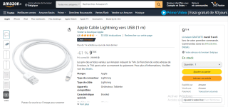 Câble Lightning vers USB Apple (1 m) à 9,70€