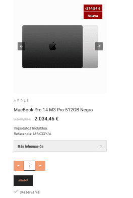 Apple MacBook Pro 14 M3 Pro 18GB RAM 512SSD por 2.034,46€